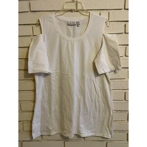 Denim & Co. Petite‎ Perfect Jersey Cold Shoulder Elbow Sleeve Tunic White Sz. LP